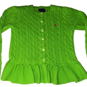 Ralph Lauren Girls M 8-10 Green Cable Knit Cardigan Peplum Pink Pony